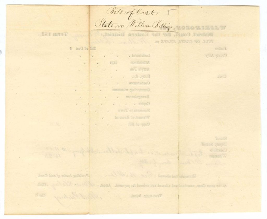 Miniature of February Term - Bill of Cost No. 5: State v. William Billings