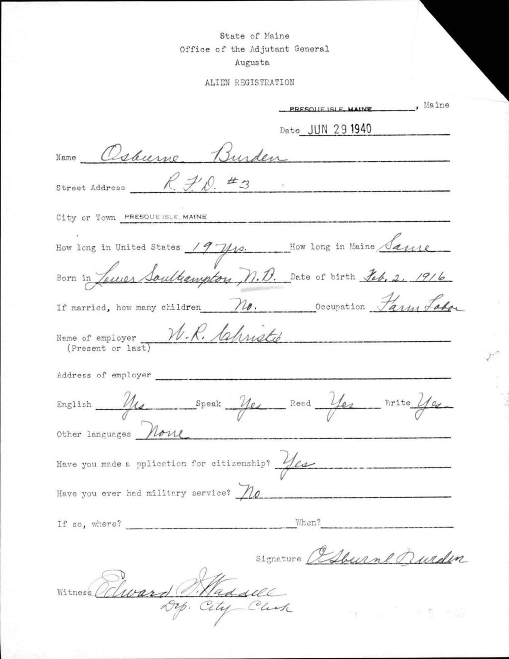 Miniature of Alien Registration- Burden, Osburne (Presque Isle, Aroostook County)