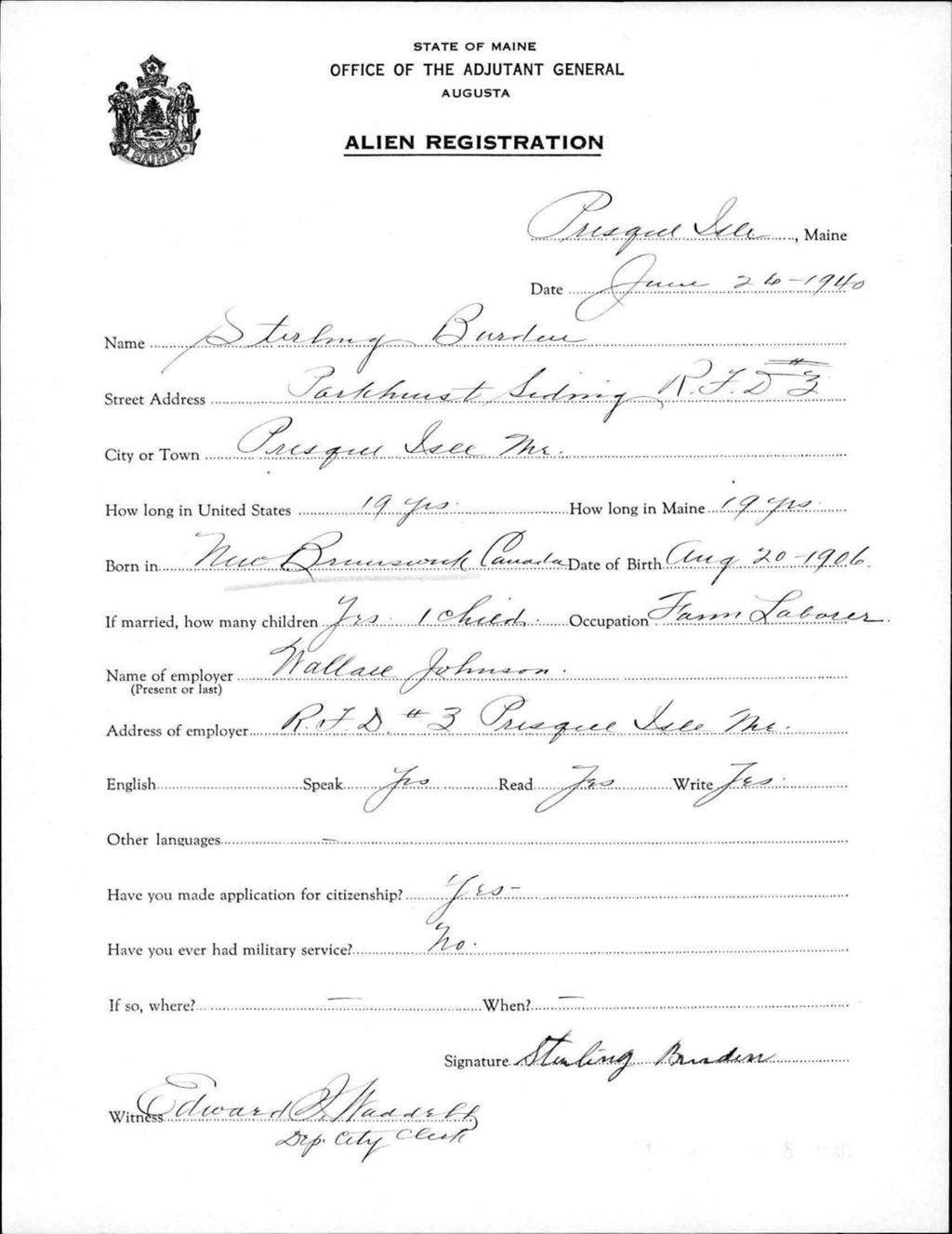 Miniature of Alien Registration- Burden, Sterling (Presque Isle, Aroostook County)