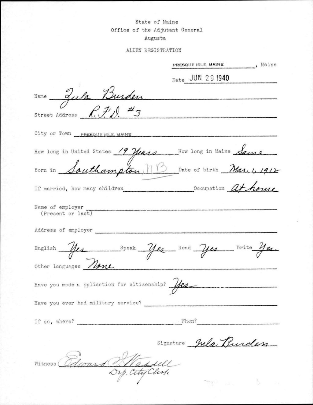 Miniature of Alien Registration- Burden, Zula (Presque Isle, Aroostook County)