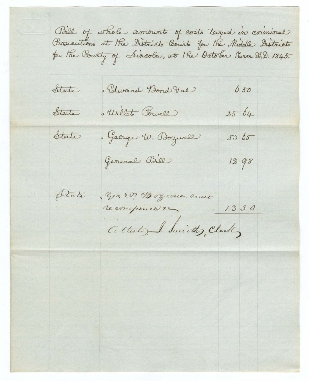 Miniature of Bill of Whole Amount, Middle District Court, October Term