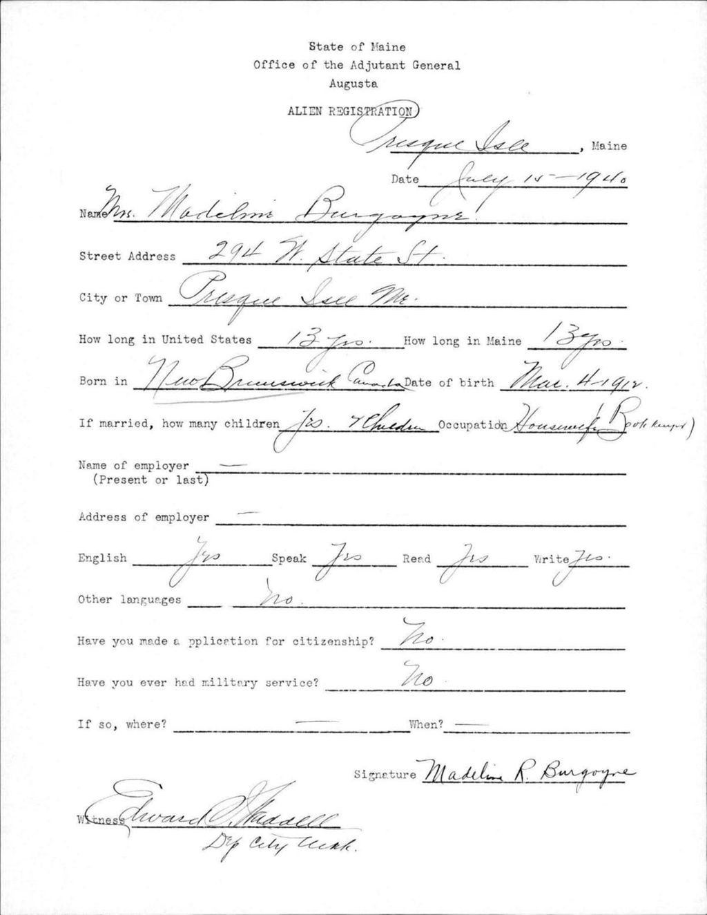 Miniature of Alien Registration- Burgoyne, Madeline (Presque Isle, Aroostook County)
