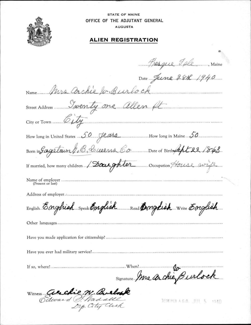 Miniature of Alien Registration- Burlock, Archie (Presque Isle, Aroostook County)
