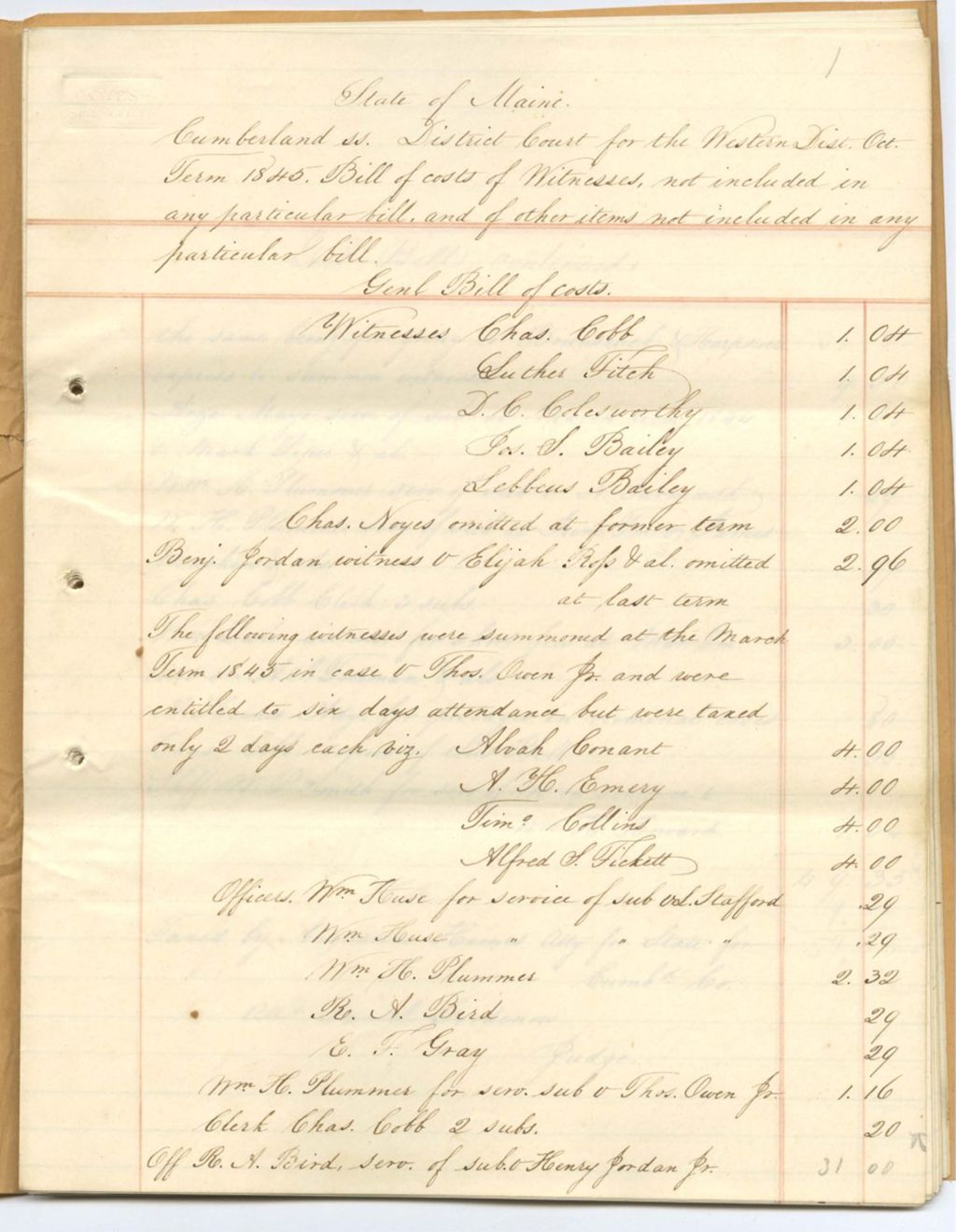 Miniature of Bills of Cost, Cumberland County Western District Court, October Term