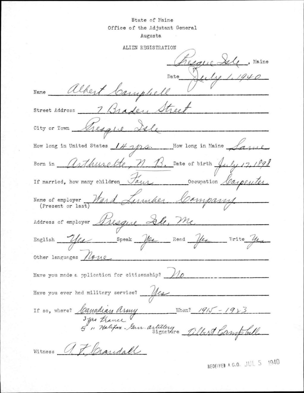 Miniature of Alien Registration- Campbell, Albert (Presque Isle, Aroostook County)