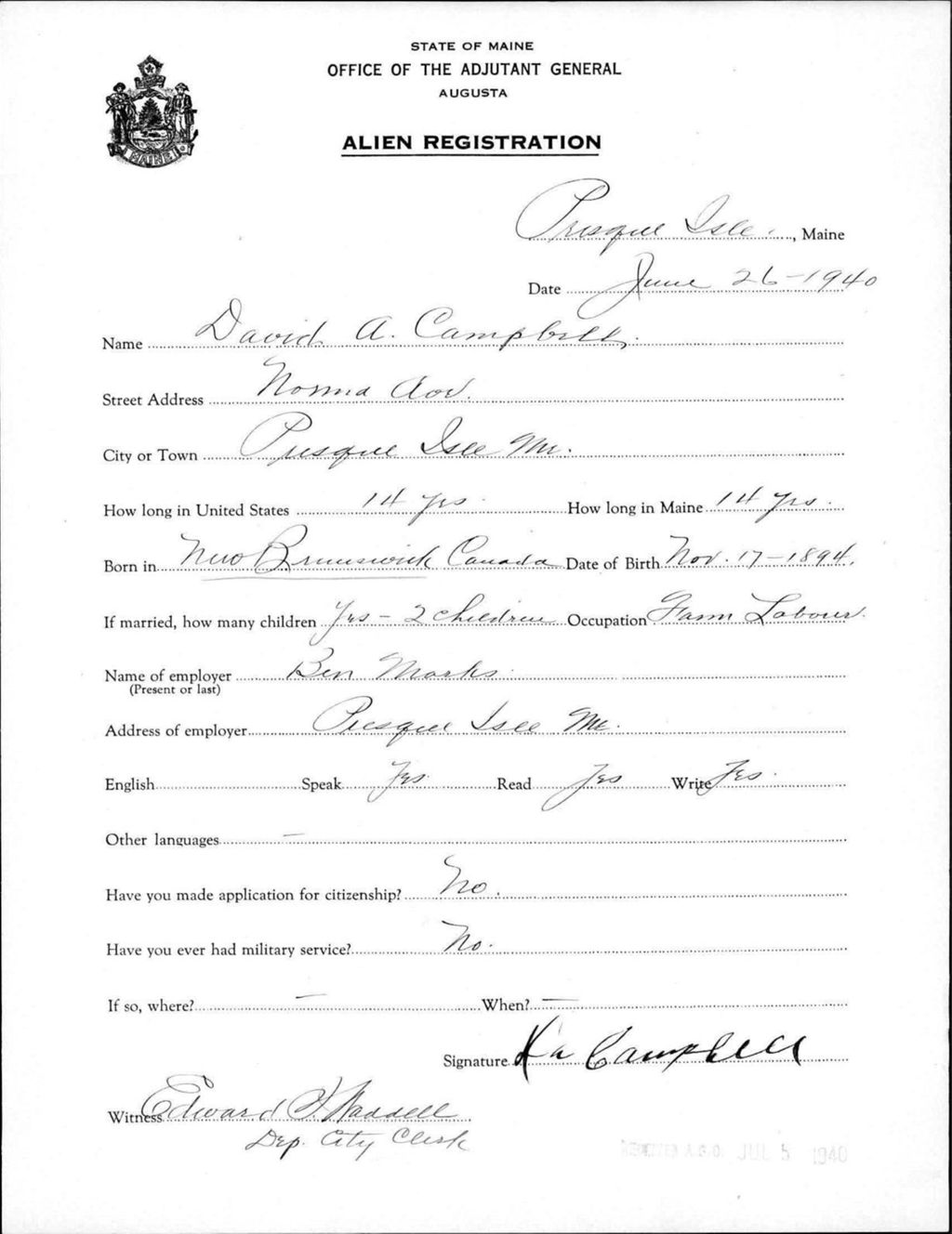 Miniature of Alien Registration- Campbell, David A. (Presque Isle, Aroostook County)