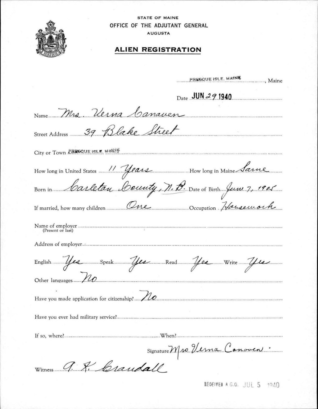Miniature of Alien Registration- Canaven, Verna (Presque Isle, Aroostook County)