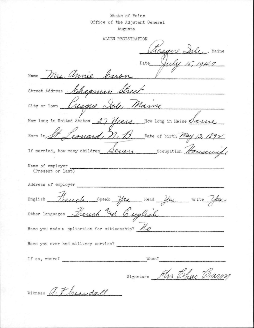 Miniature of Alien Registration- Caron, Annie (Presque Isle, Aroostook County)