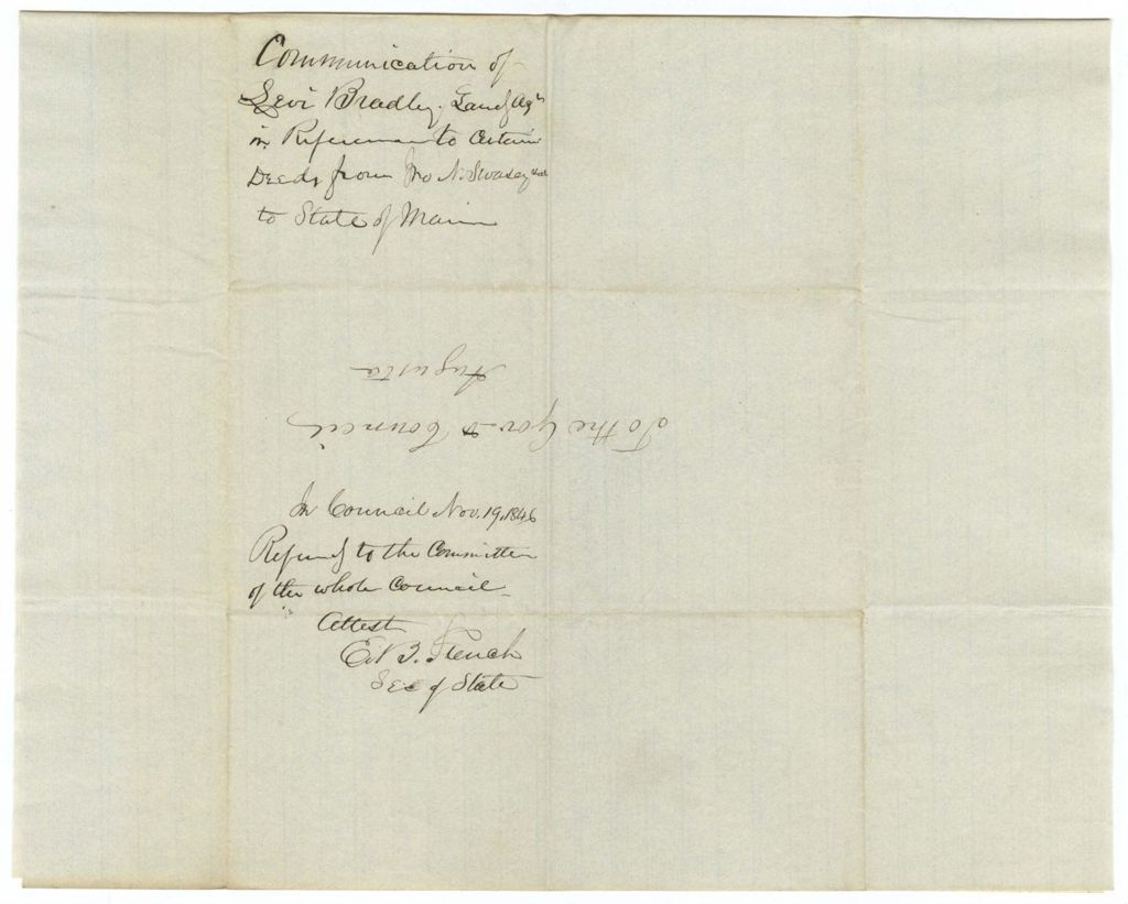 Miniature of Communication of Levi Bradley, Land Agent, in reference to certain deeds from John N. Swasey et al to State of Maine