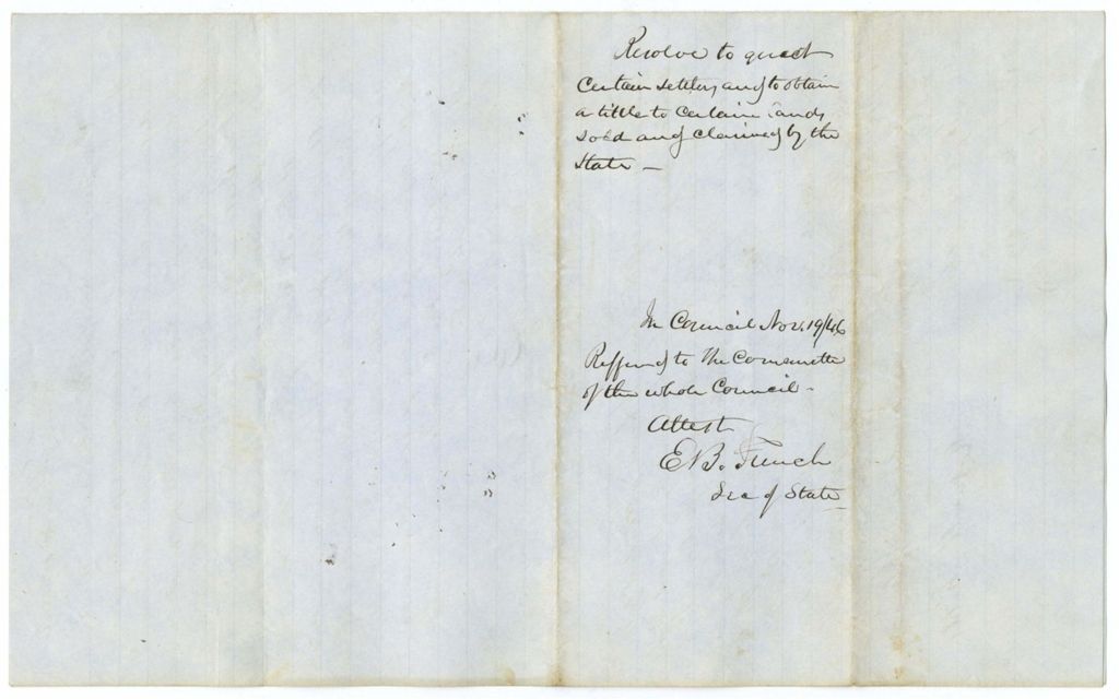 Miniature of Resolve to [quiet?] certain settlers and to obtain a title to certain lands sold and claimed by the State