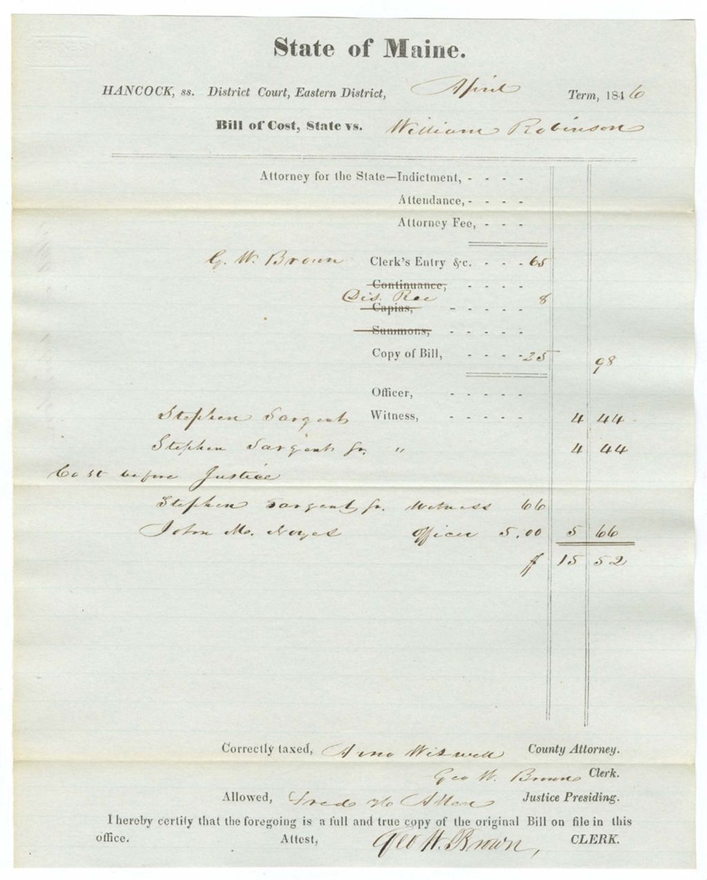 Miniature of Bill of Cost, State vs. William Robinson