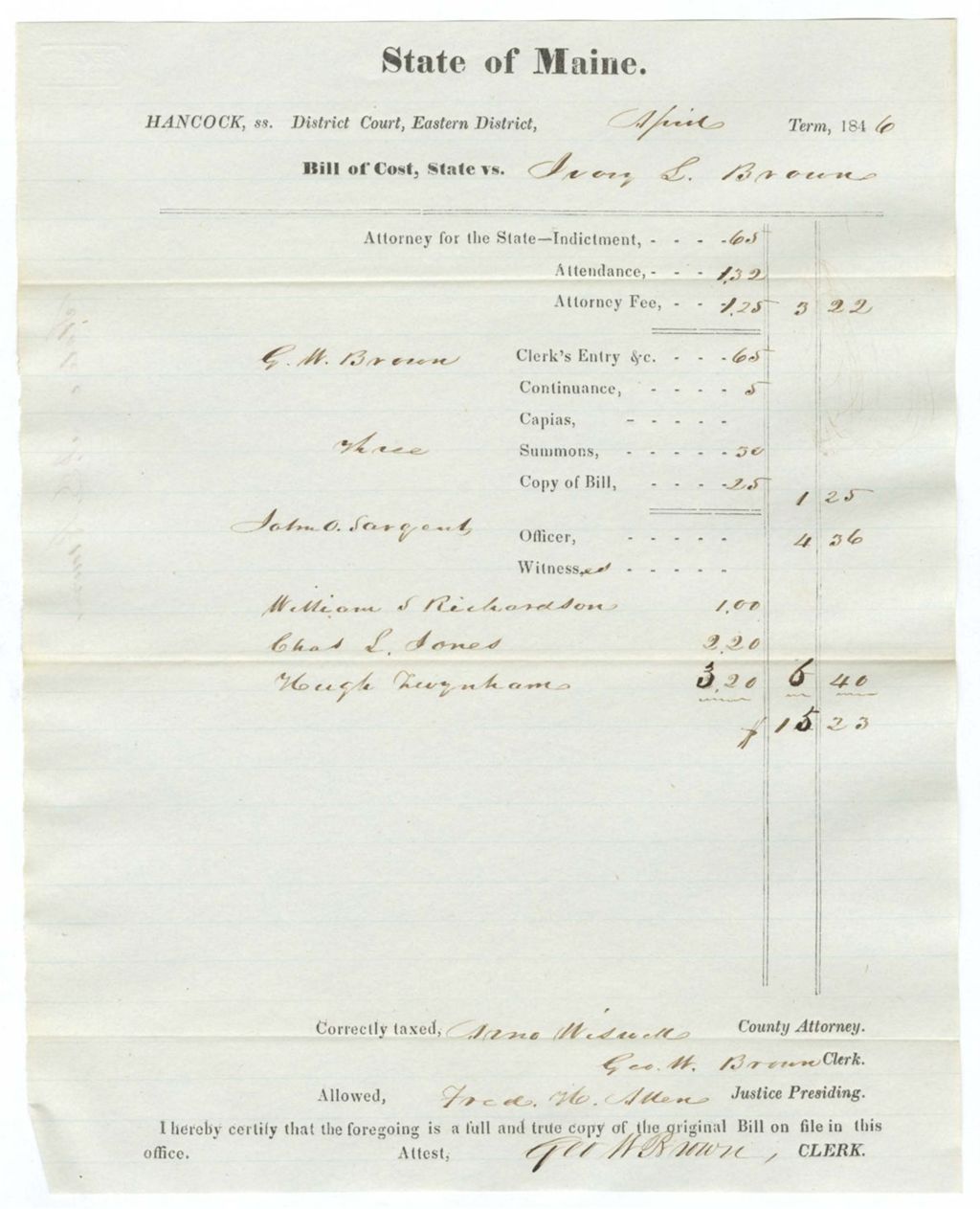 Miniature of Bill of Cost, State vs. Ivan L. Brown