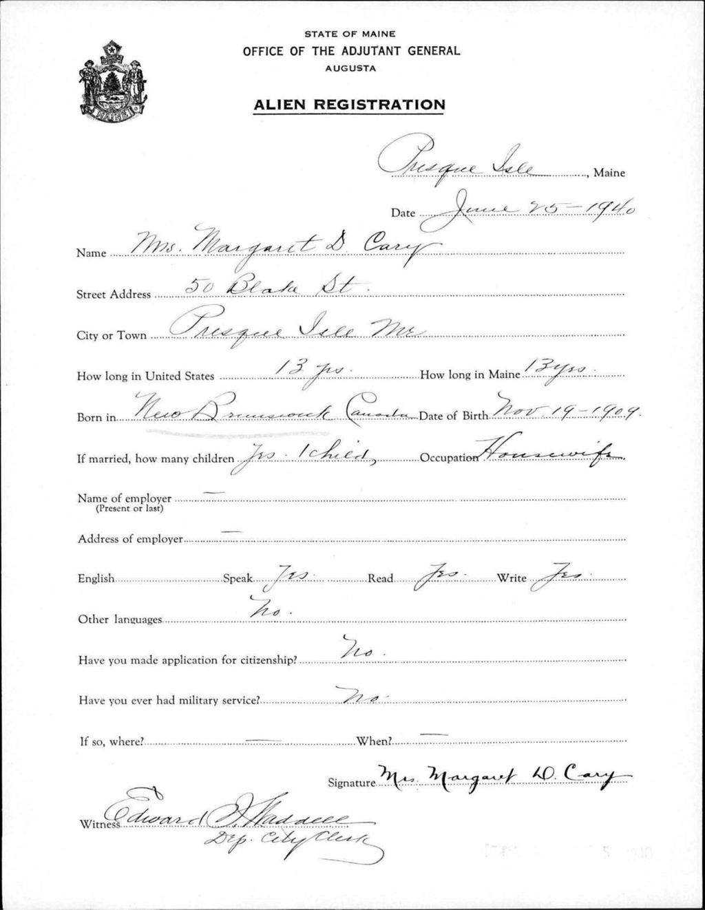 Miniature of Alien Registration- Cary, Margaret D. (Presque Isle, Aroostook County)