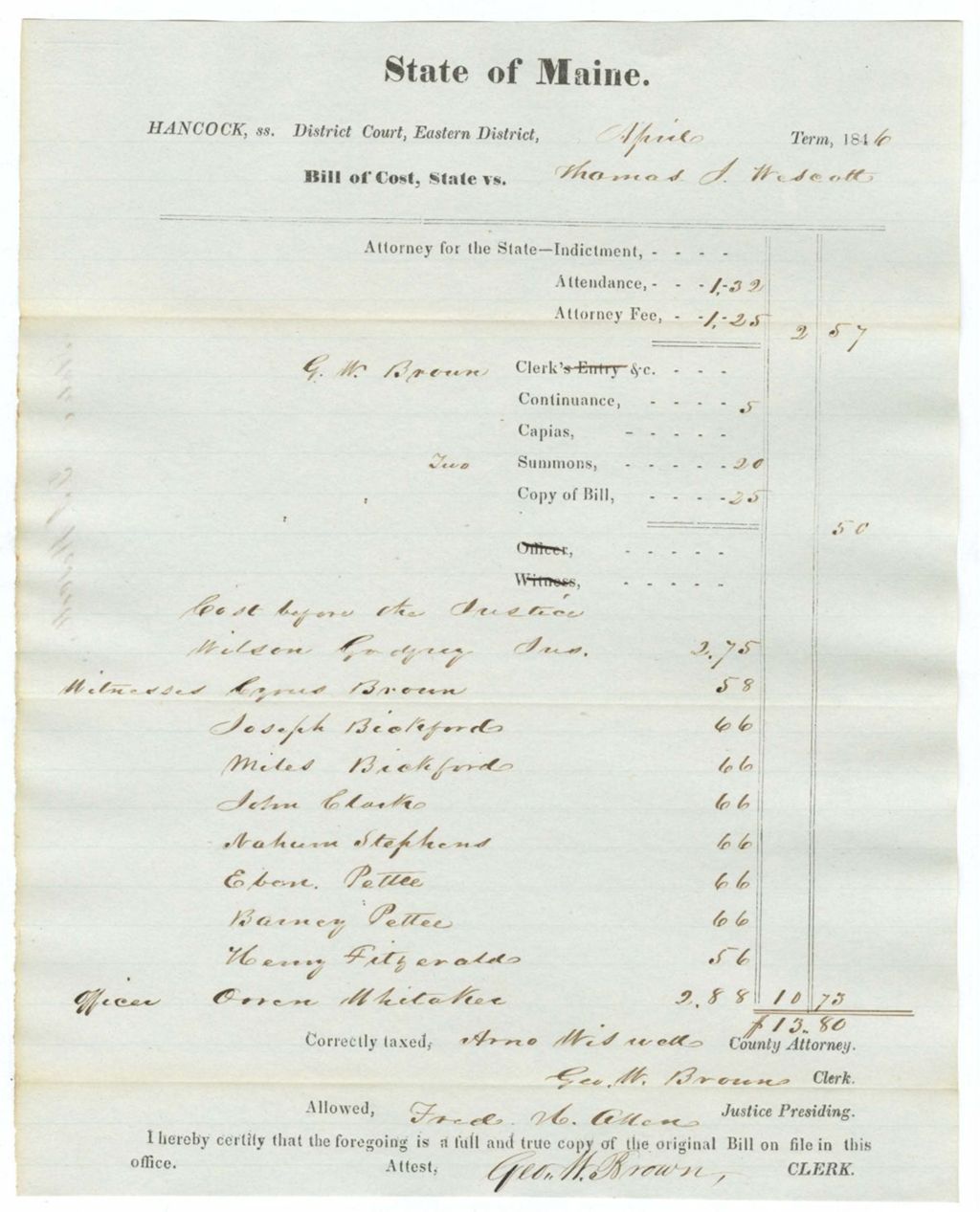 Miniature of Bill of Cost, State vs. Thomas J. Wescott
