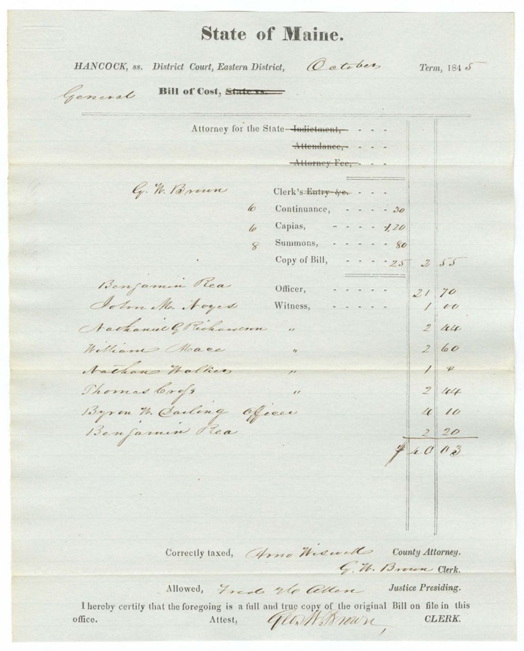Miniature of General Bill of Cost, October Term