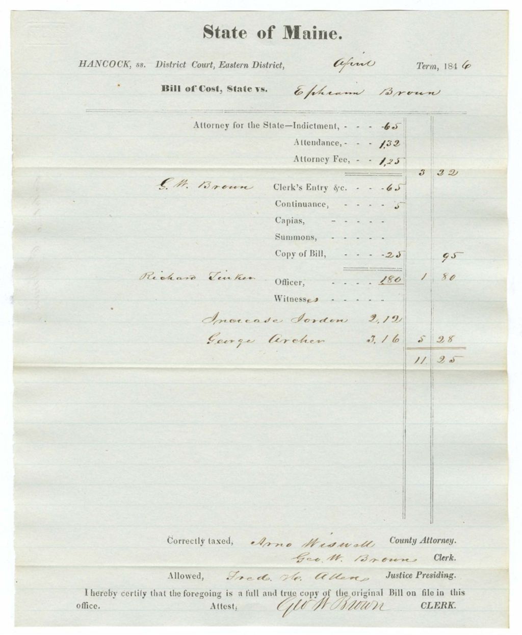 Miniature of Bill of Cost, State vs. Ephraim Brown