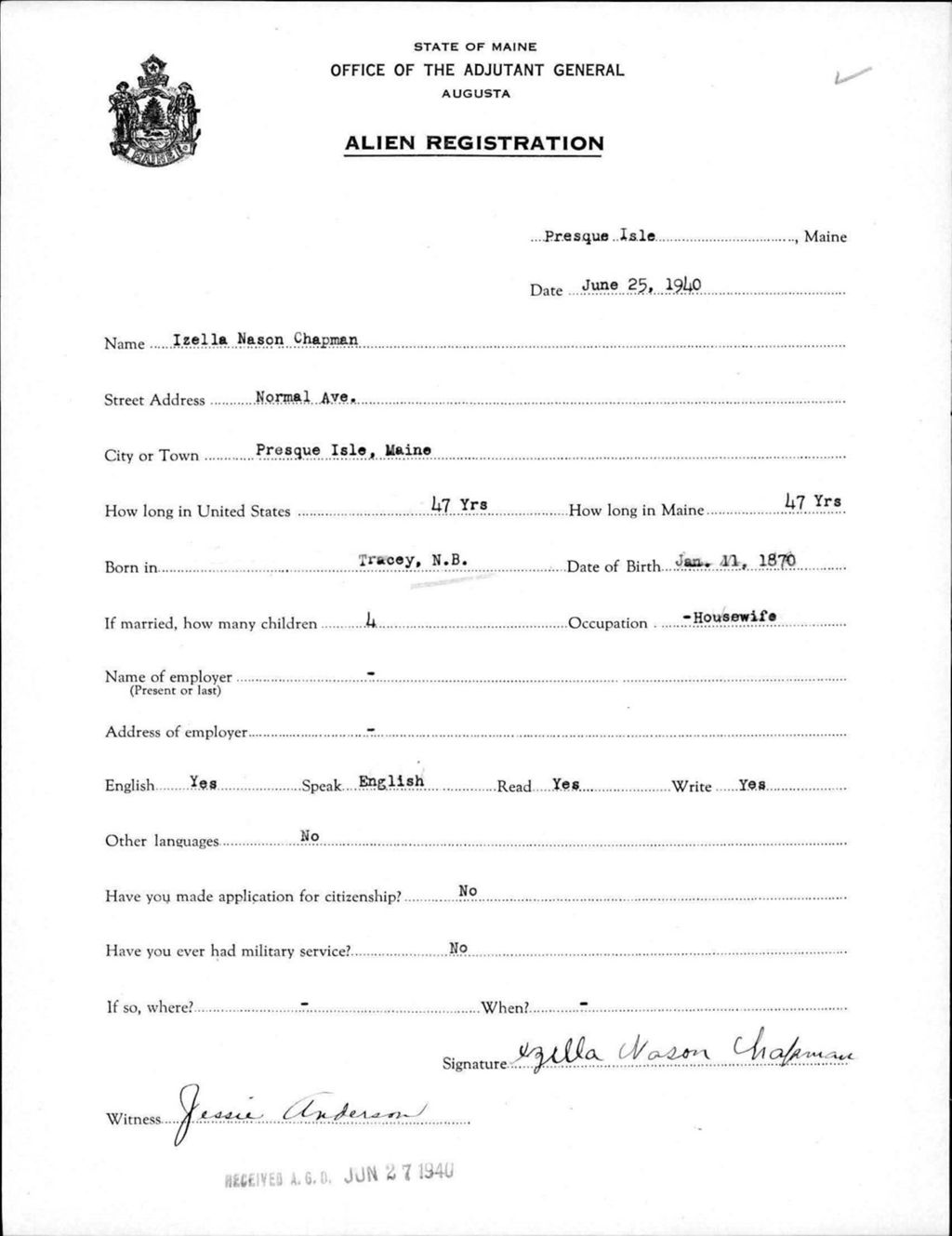 Miniature of Alien Registration- Nason, Izella (Presque Isle, Aroostook County)
