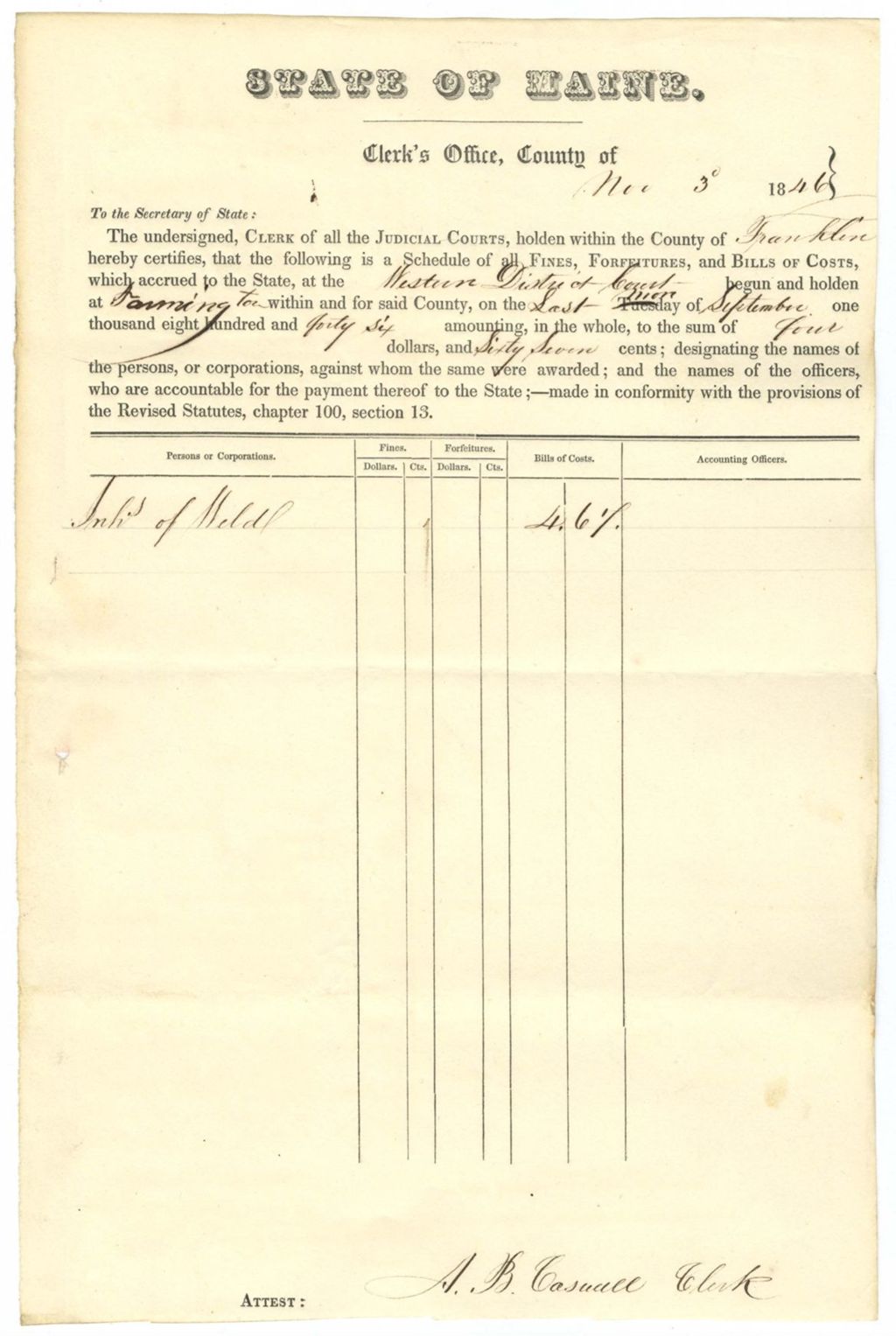 Miniature of Copy of Bill of Cost, State vs. Inhabitants of [Weld?]