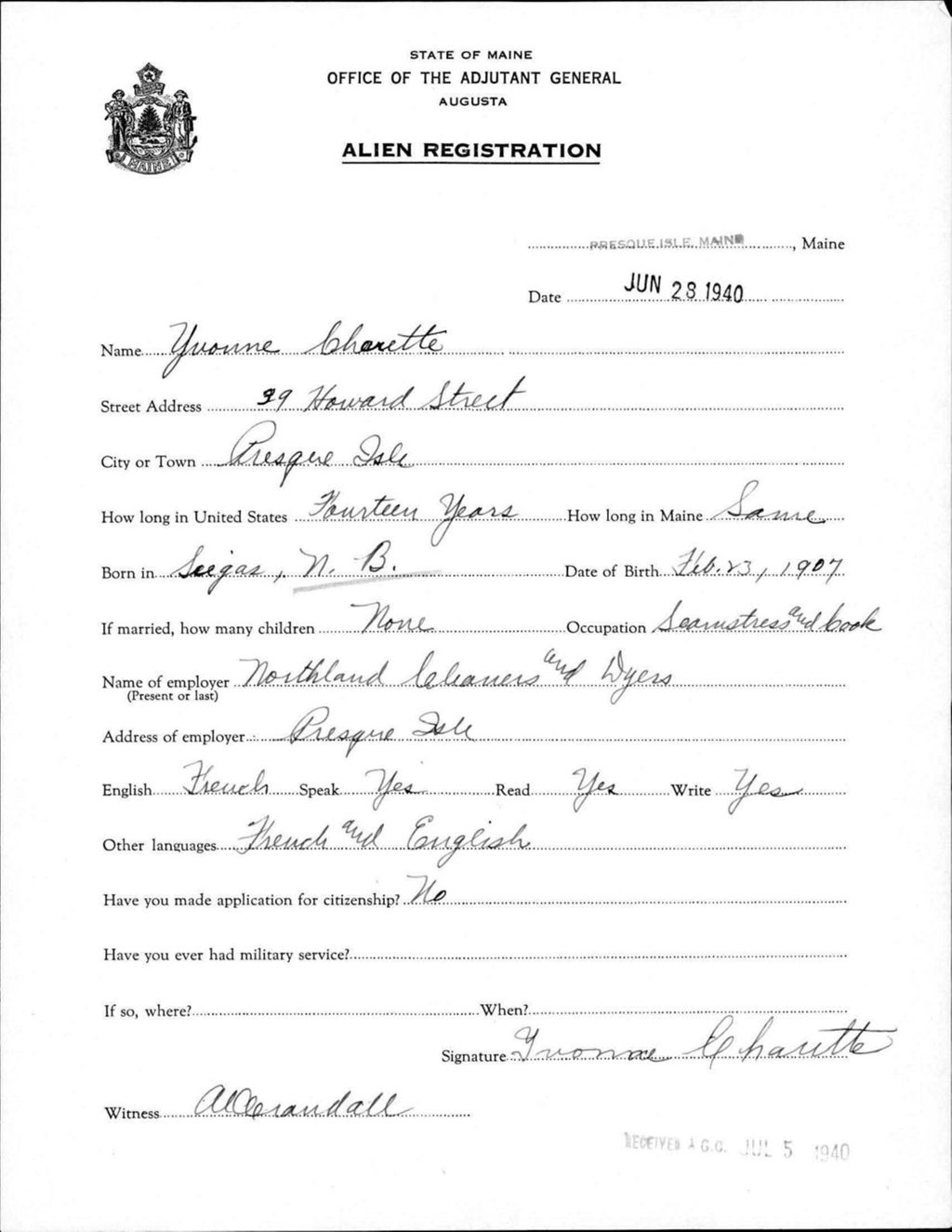 Miniature of Alien Registration- Charette, Yvonne (Presque Isle, Aroostook County)