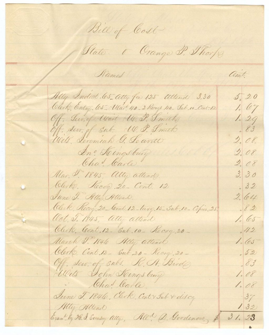 Miniature of Bill of Cost, State vs. Orange P. Thorpe