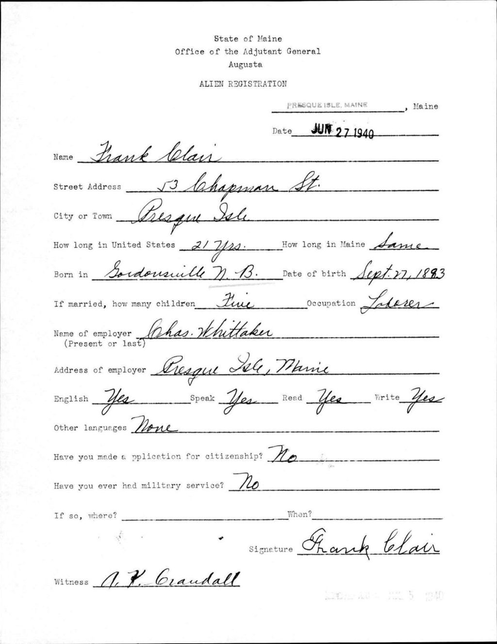 Miniature of Alien Registration- Clair, Frank (Presque Isle, Aroostook County)