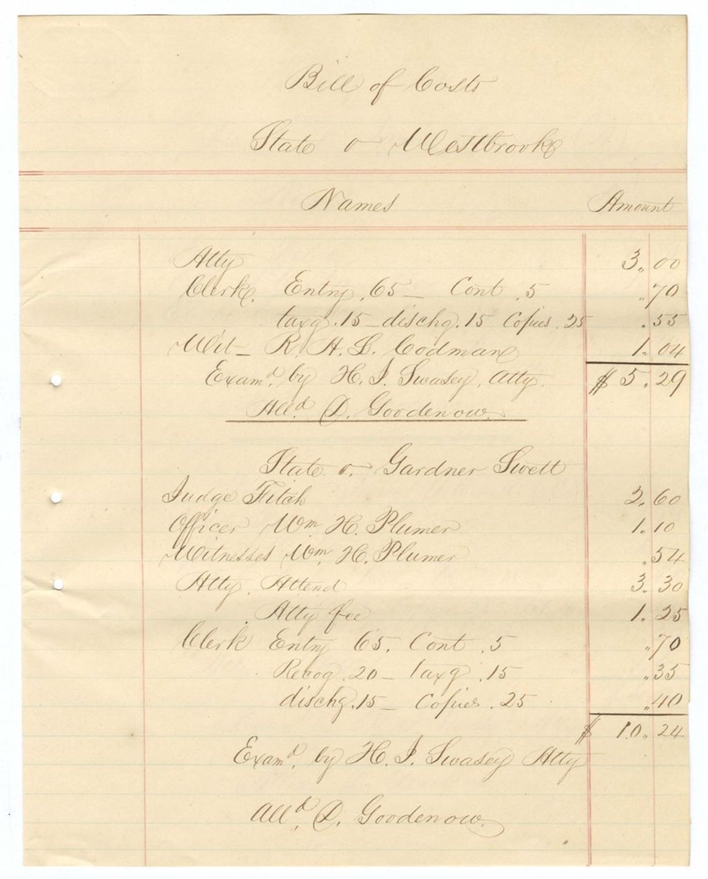Miniature of Bill of Cost, State vs. Westbrook