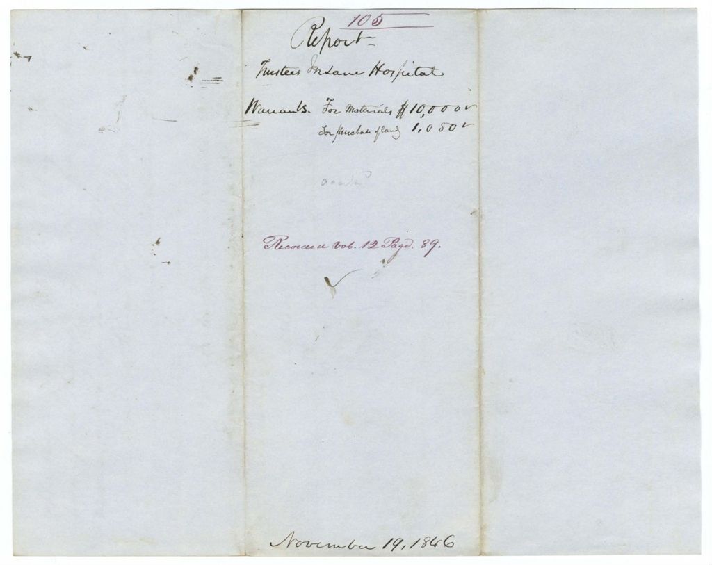 Miniature of Report 105: Report on the warrant in favor of the Trustees of the Insane Hospital for materials and purchase of land