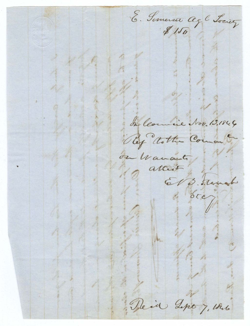 Miniature of Treasurer's Account, East Somerset Agricultural Society