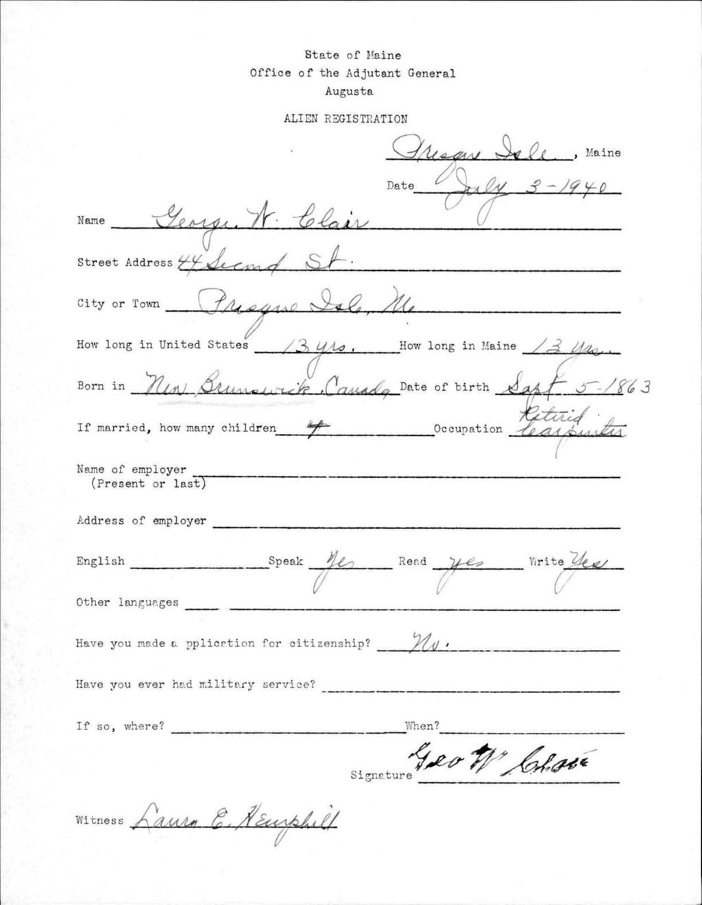 Miniature of Alien Registration- Clair, George W. (Presque Isle, Aroostook County)