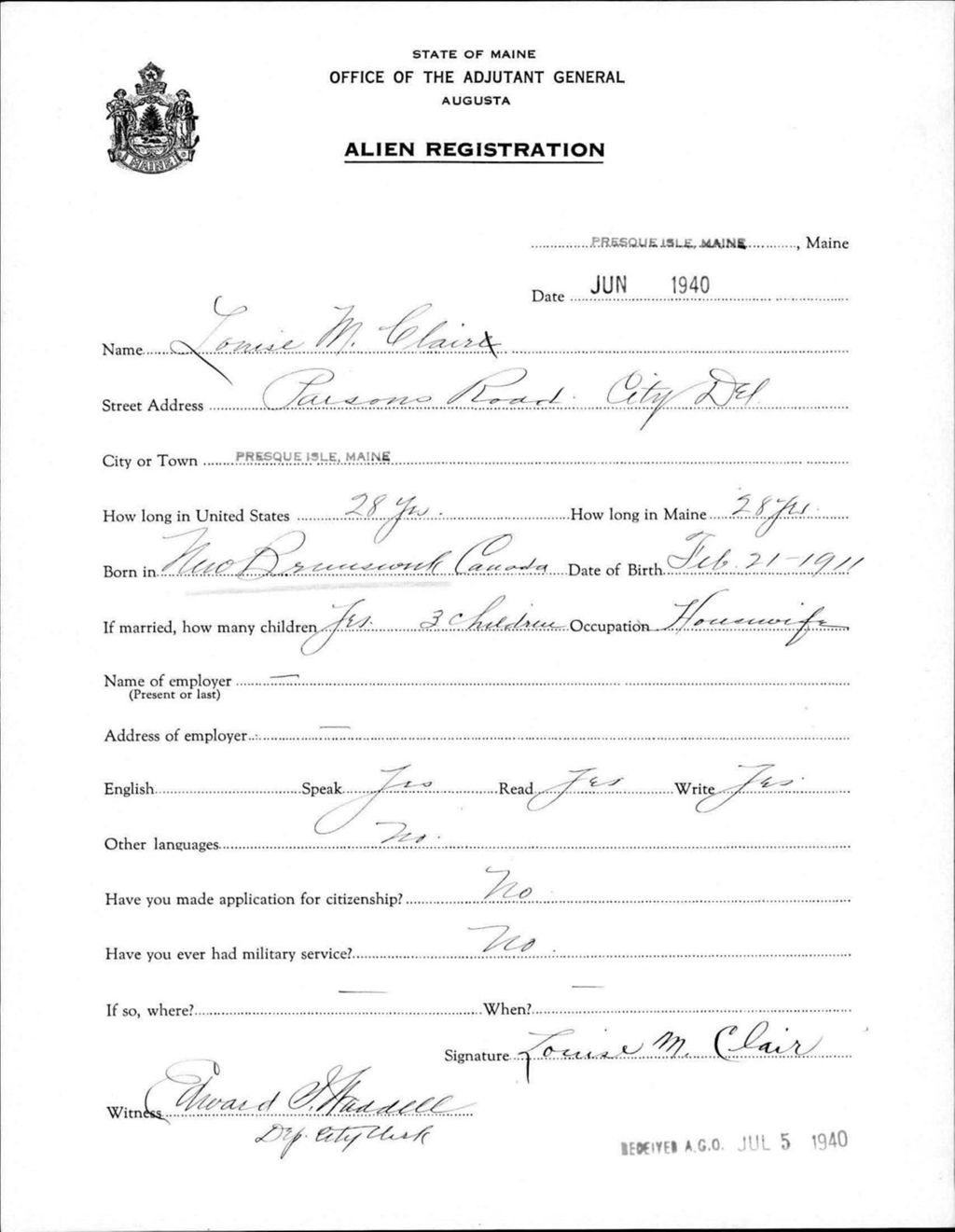 Miniature of Alien Registration- Clair, Louise M. (Presque Isle, Aroostook County)