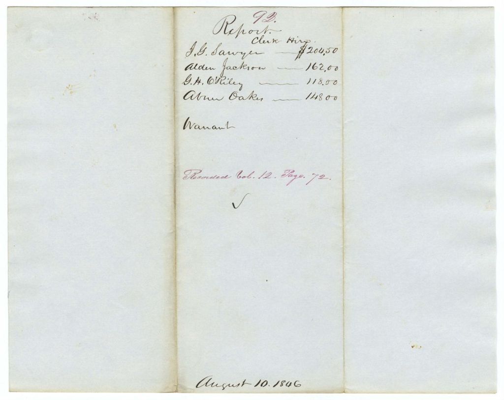 Miniature of Report 92: Report on the warrant in favor of J. G. Sawyer, Alden Jackson, G. H. O'Riley, and Abner Oakes