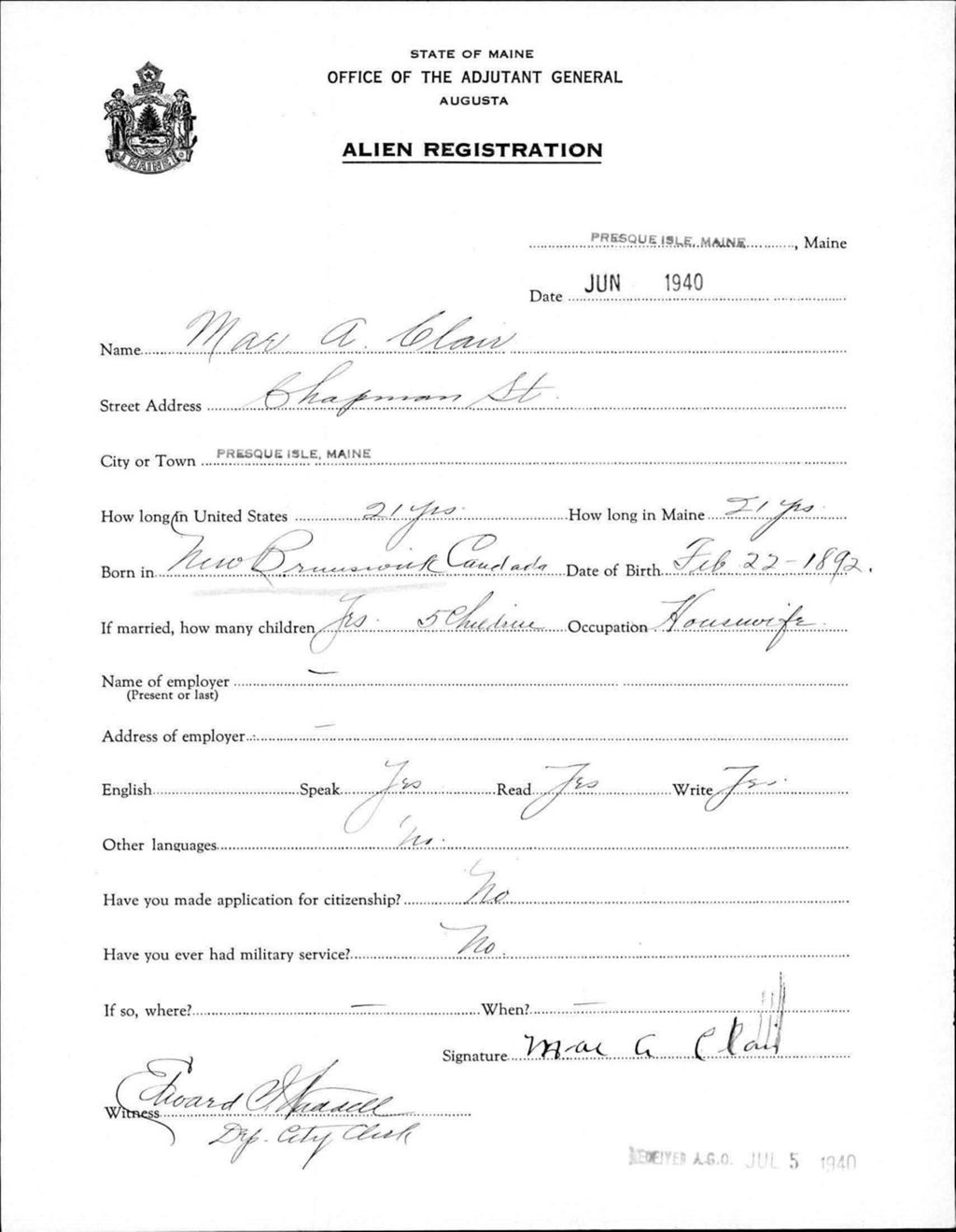 Miniature of Alien Registration- Clair, Mae A. (Presque Isle, Aroostook County)