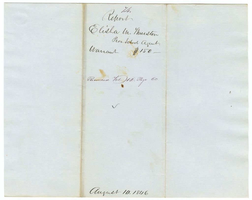 Miniature of Report 74: Report on the warrant in favor of Elisha M. Thurston, Provisional School Agent