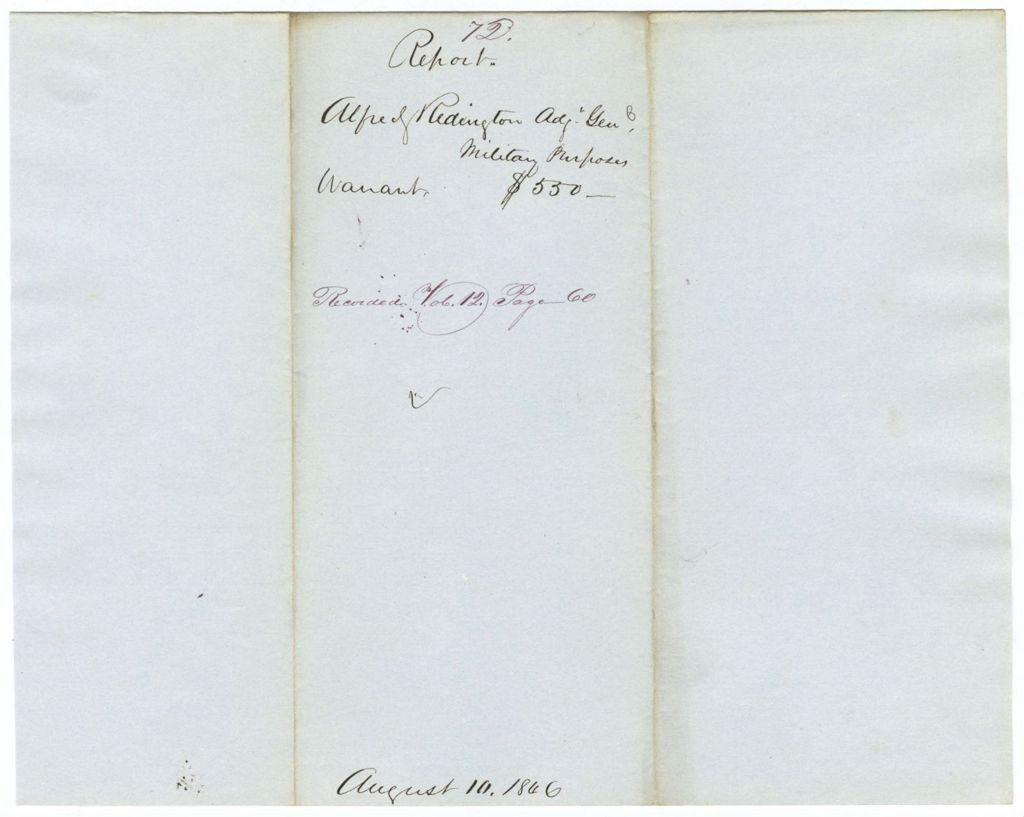 Miniature of Report 72: Report on the warrant in favor of Alfred Redington, Adjutant General, for military purposes