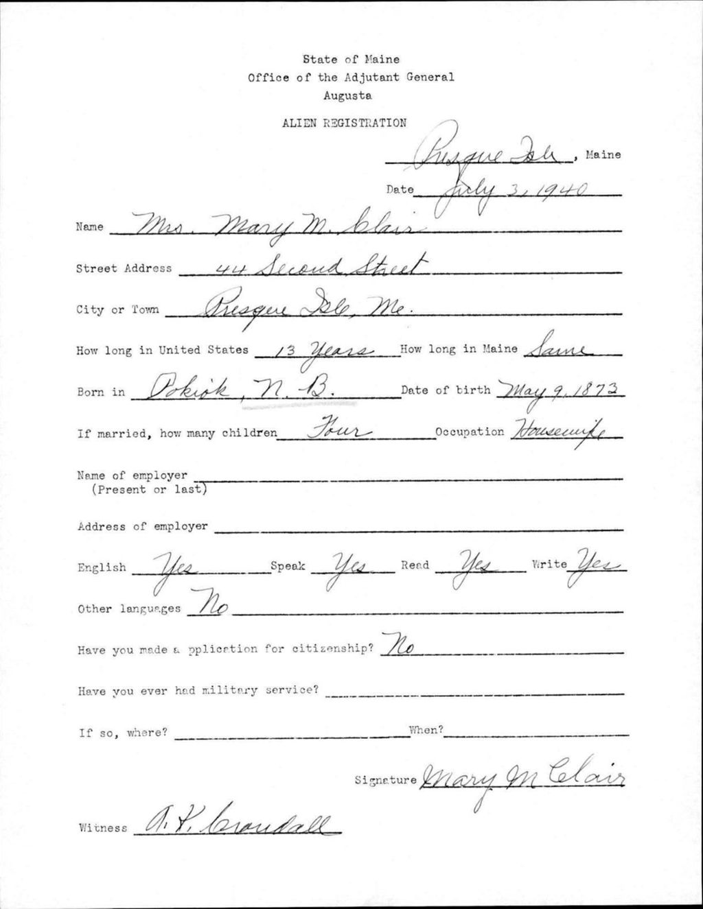 Miniature of Alien Registration- Clair, Mary M. (Presque Isle, Aroostook County)