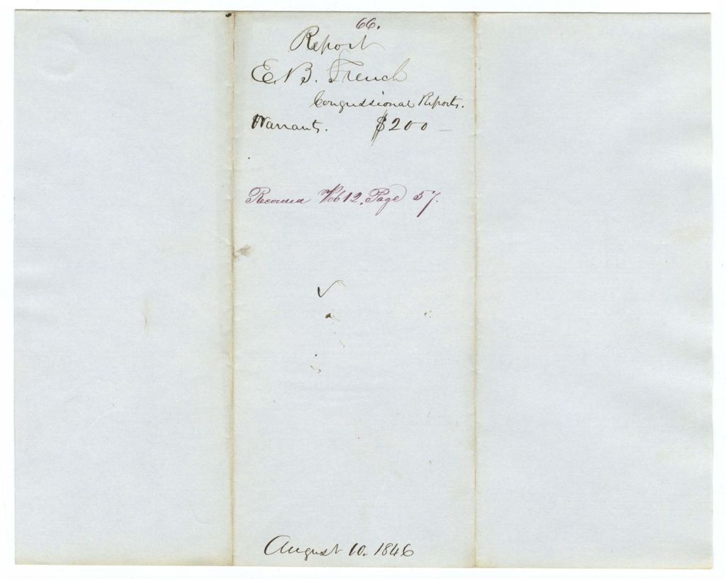 Miniature of Report 66: Report on the warrant in favor of E. B. French for the purchase of Congressional Reports