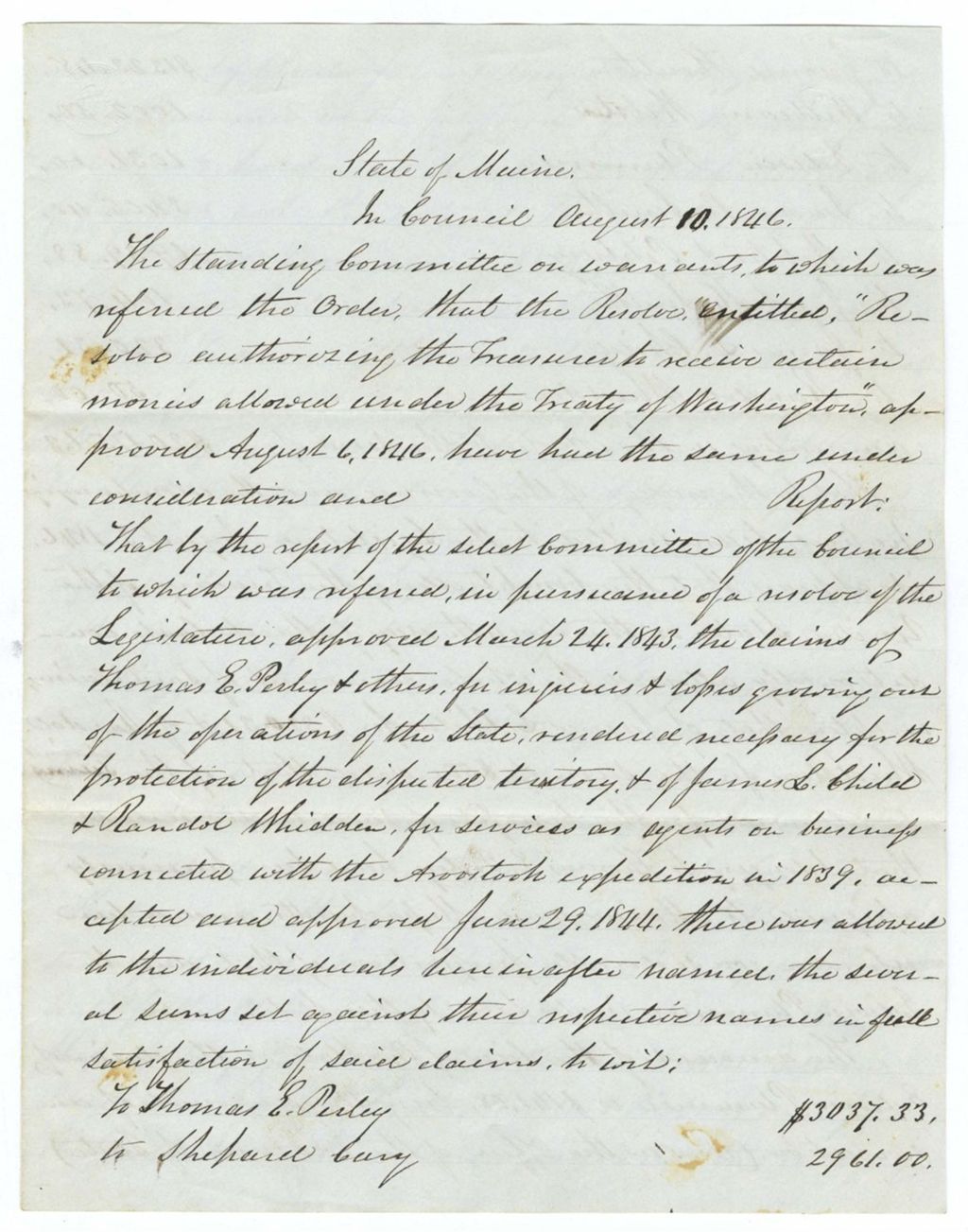 Miniature of Report on the warrant in favor of the claims of [Theodore E. Perley?] and others
