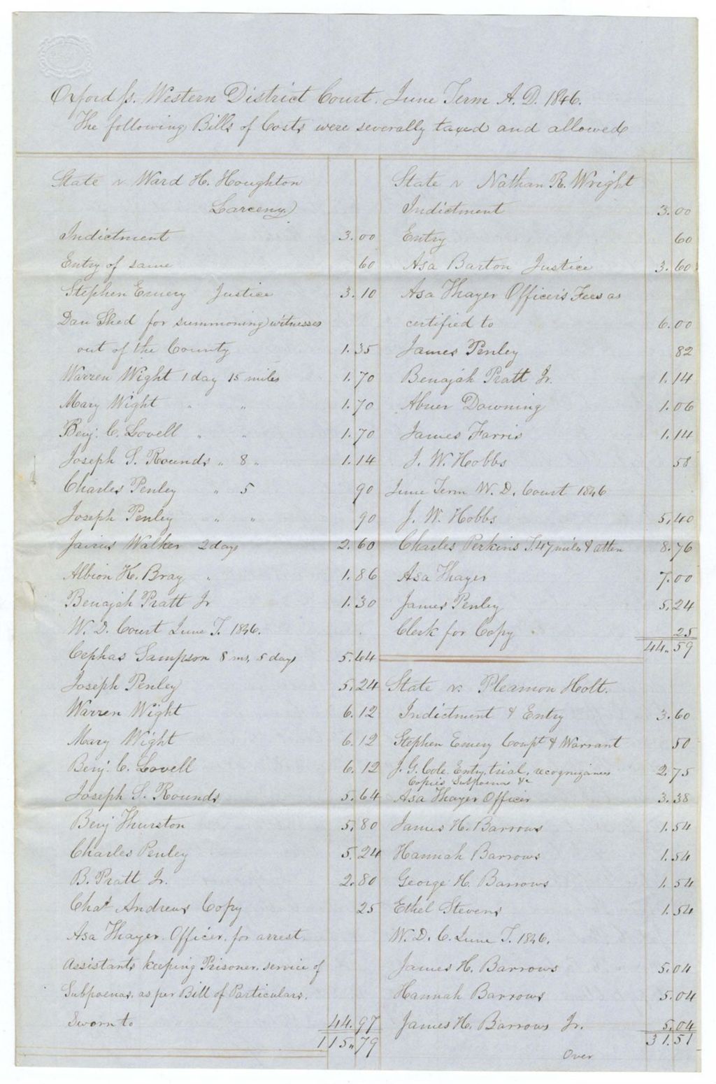 Miniature of Bills of Cost, Western District Court June Term