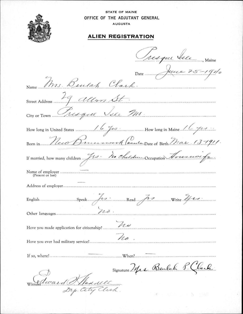 Miniature of Alien Registration- Clark, Beulah (Presque Isle, Aroostook County)