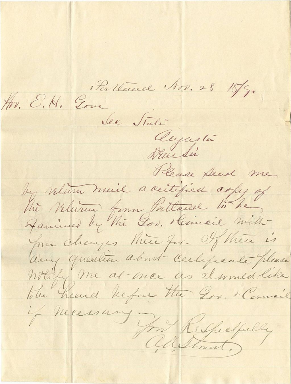 Miniature of Letter from A. A. Strout requesting certified copies of returns of Votes from Portland