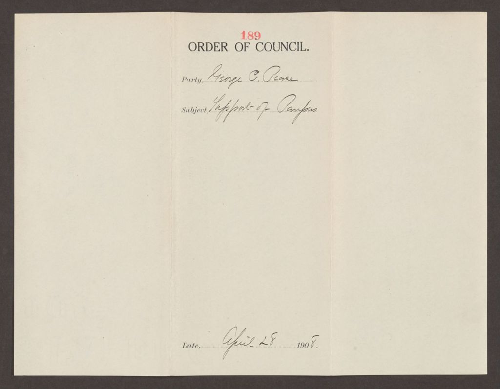 Miniature of Order 189 for George C. Pease for support of paupers