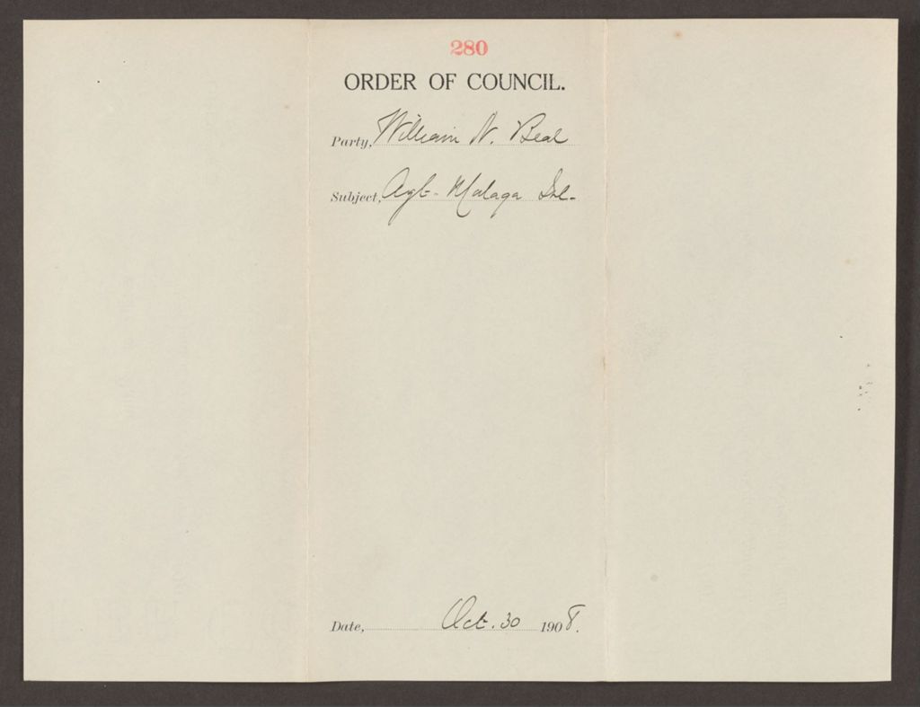 Miniature of Order 280 for William N. Beal, Agent for Malaga Island
