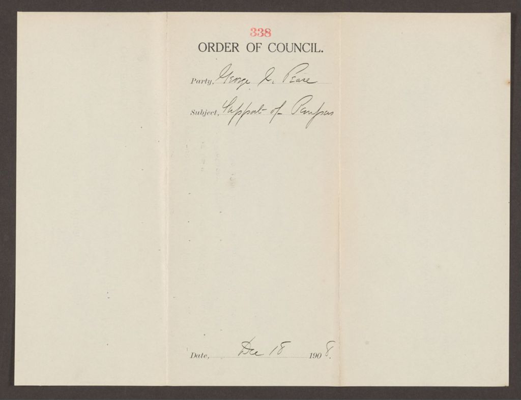 Miniature of Order 338 for George C. Pease for support of paupers