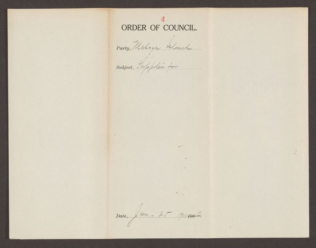 Miniature of Order 4 for supplies to Malaga Island