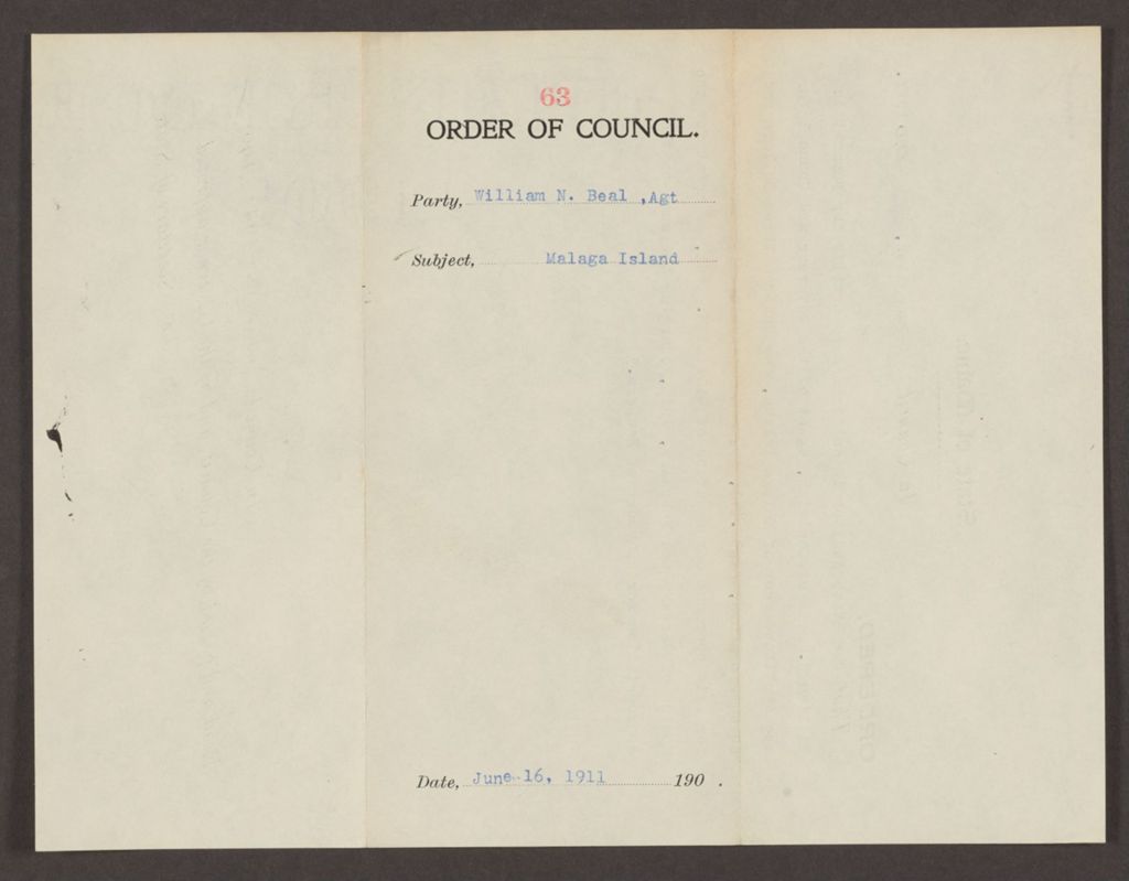 Miniature of Order 63 for William N. Beal, Agent for Malaga Island