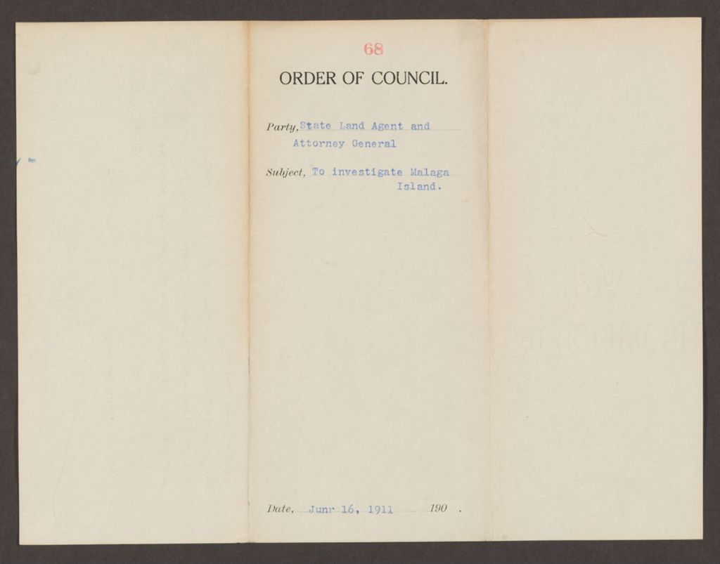 Miniature of Order 68 for the State Land Agent and Attorney General to investigate Malaga Island