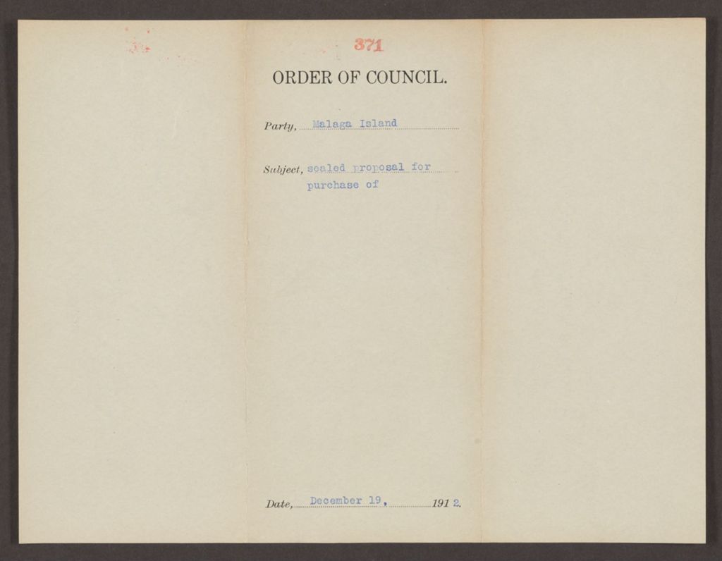 Miniature of Order 371 for sealed proposal for purchase of Malaga Island
