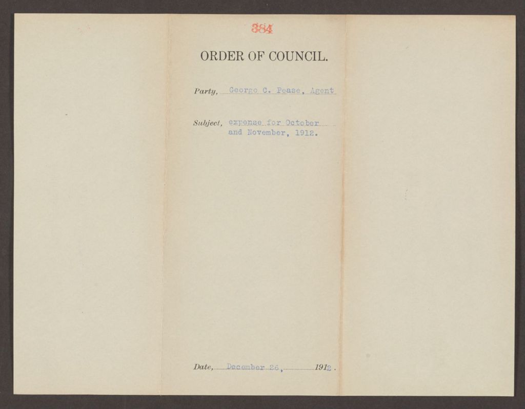 Miniature of Order 384 for George C. Pease, Agent for Malaga Island