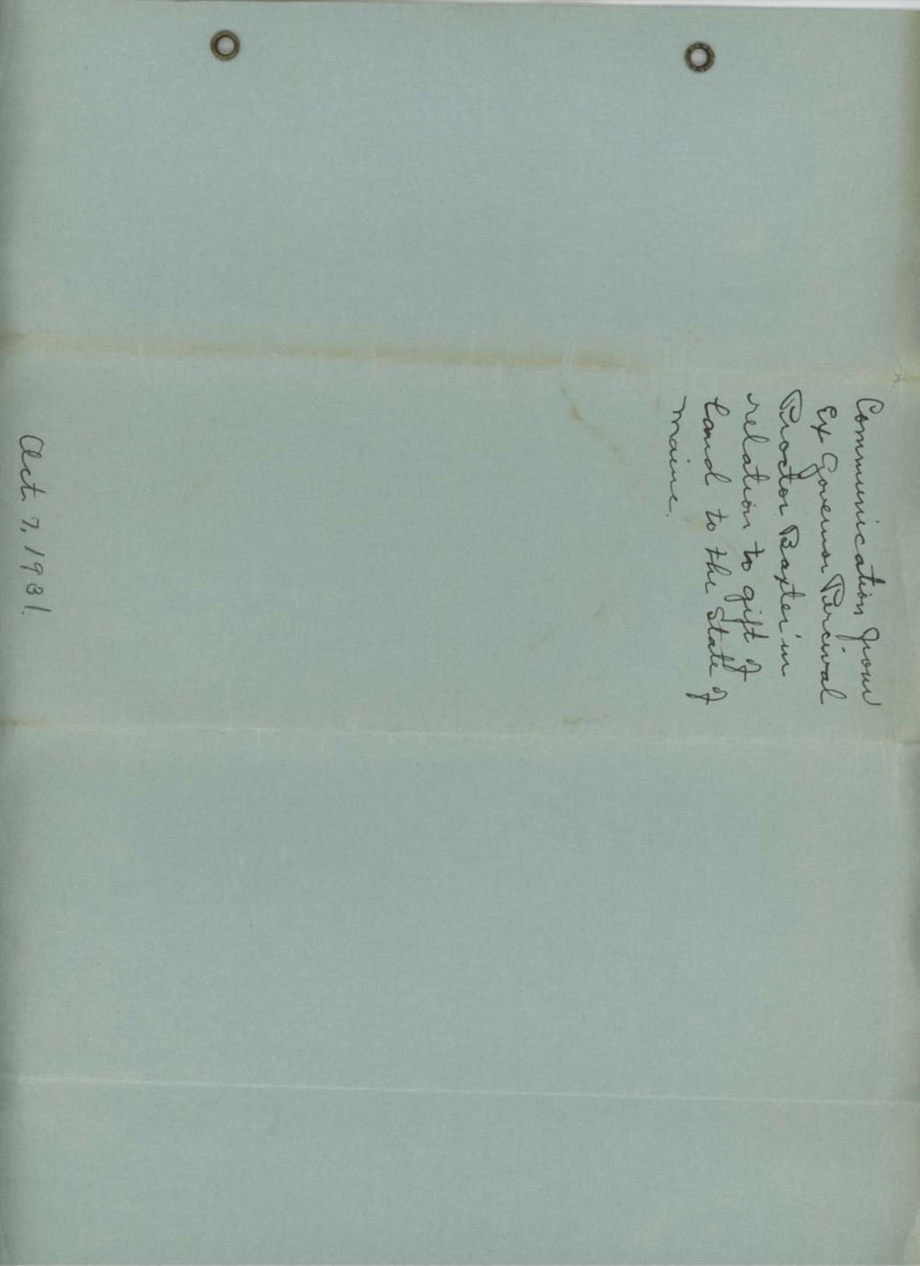 Miniature of Communication from ex-Governor Percival Proctor Baxter in relation to gift of land to the State of Maine
