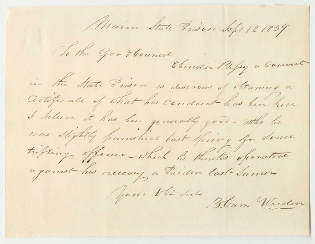 Miniature of Certificate of Benjamin Carr, Warden, on the Conduct of Ebenezer Bessee in Prison
